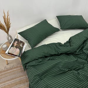 Striped Green and Milk Bedding 100 Cotton 4 Piece Set : Duvet Cover, 2 Pillowcases, Fitted Sheet or Flat Sheet. Custom Size
