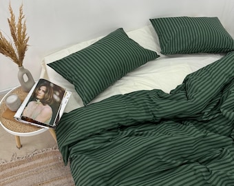 Striped Green and Milk Bedding 100 Cotton 4 Piece Set : Duvet Cover, 2 Pillowcases, Fitted Sheet or Flat Sheet. Custom Size