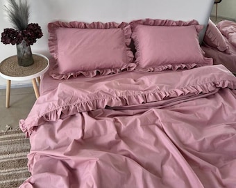 Conjunto de cama rosa com babados em algodão – Capa de edredom, fronhas e lençol de baixo em estilo vintage