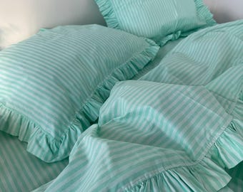 Ruffled Mint Striped Cotton Bedding Set: Duvet Cover, Pillowcases, Flat or Fitted Sheet