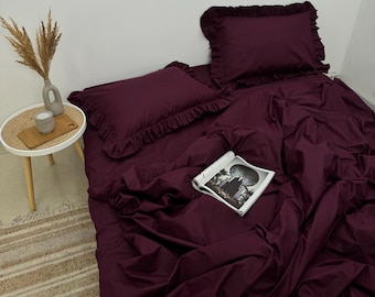 Burgundy Ruffled Bedding 100 Cotton 4 Piece Set : Duvet Cover, 2 Pillowcases, Fitted Sheet or Flat Sheet. Custom Size