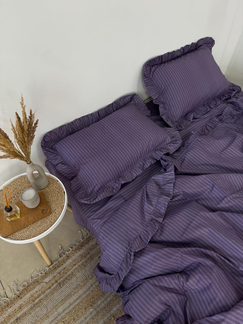 Subtle Ruffle Ruffled Striped Dark Lavender Bedding 100% Cotton Bedding Set ...