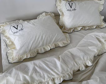 Vintage Style Cotton Bedding Set: Ruffle Edge Duvet Cover & Pillowcases