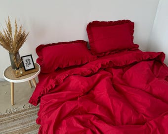 Red Ruffle Bedding 100 Cotton 4 Piece Set : Duvet Cover, 2 Pillowcases, Fitted Sheet or Flat Sheet. Custom Size