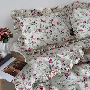 Floral Ruffled Bedding 100 Cotton 4 Piece Set : Duvet Cover, 2 Pillowcases, Fitted Sheet or Flat Sheet. Custom Size