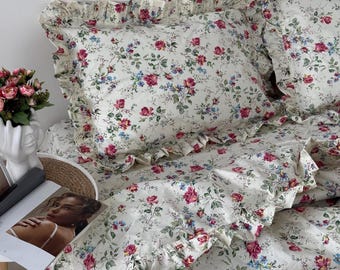 Floral Ruffled Bedding 100 Cotton 4 Piece Set : Duvet Cover, 2 Pillowcases, Fitted Sheet or Flat Sheet. Custom Size