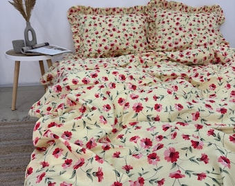 Floral Ruffle Bedding Set: 100% Cotton Duvet Cover & Pillowcases