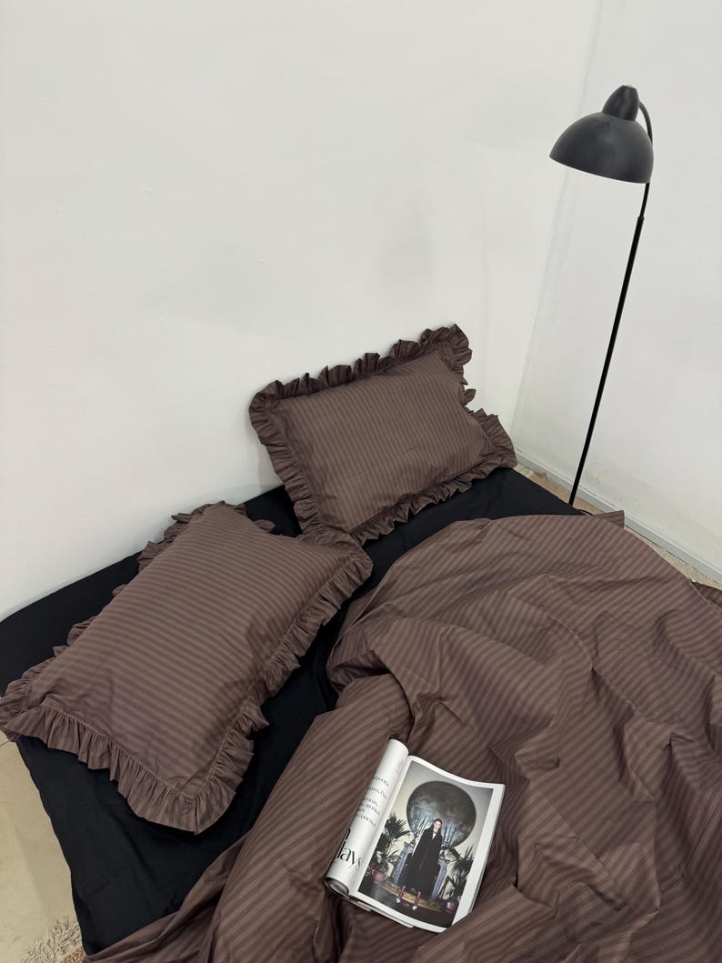 Striped Ruffled Sheets Striped Cotton Ruffled Bedding Set: Brown & Black Duvet Cover - Etsy