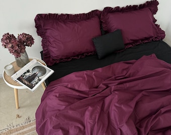 Burgundy and Black Ruffled Bedding 100 Cotton 4 Piece Set : Duvet Cover, 2 Pillowcases, Fitted Sheet or Flat Sheet. Custom Size