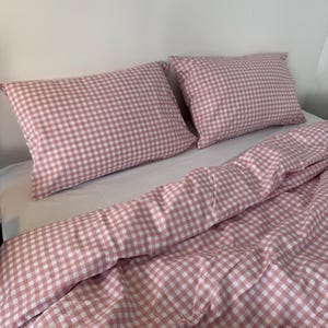 Pink Gingham Bedding Set, Sage Pink Checkered Duvet Cover, Fitted Sheet & Pillowcases
