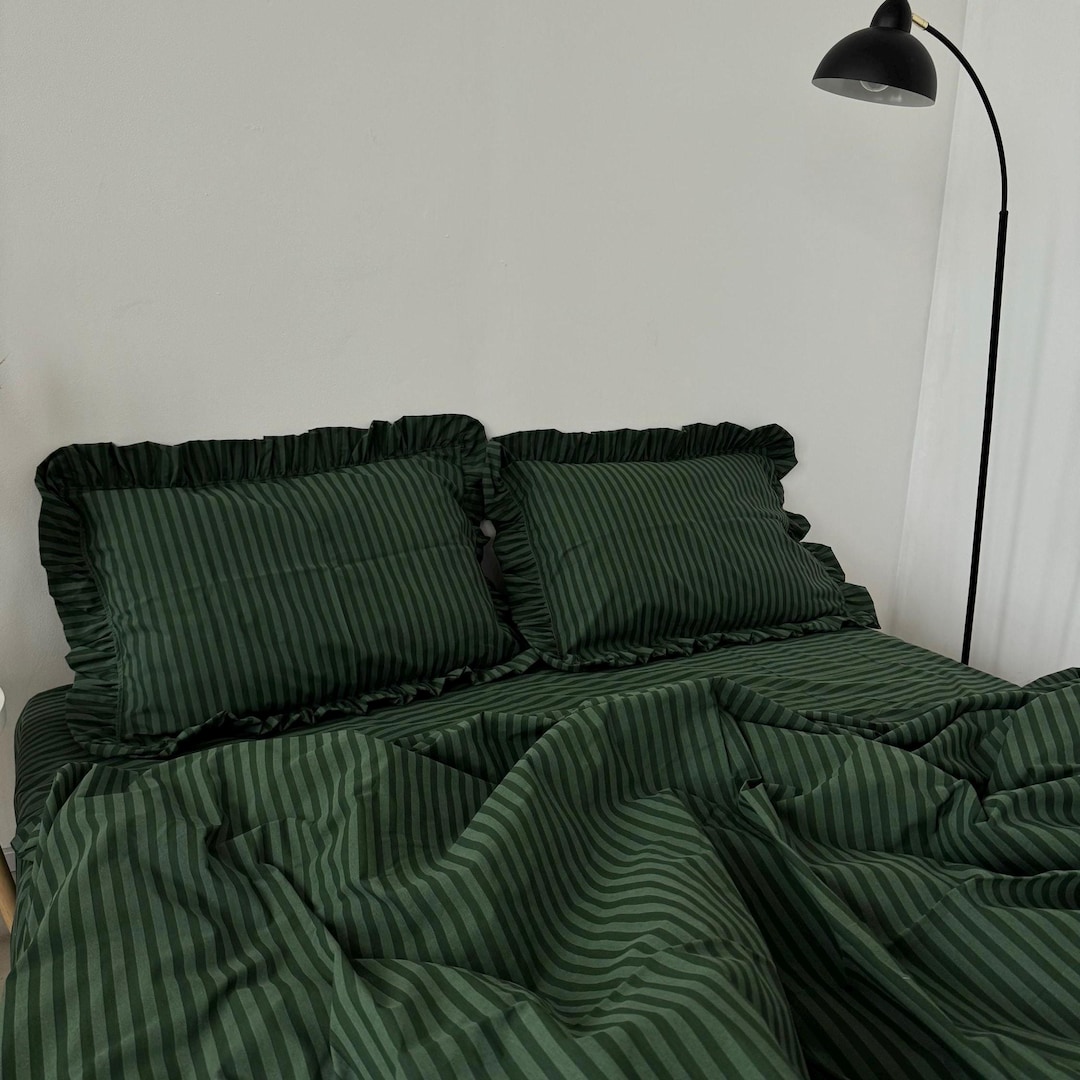 Striped Ruffle Sheets Stripe Ruffle Bedding 100% Cotton 4 Piece Set : Duvet Cover, 2 ...