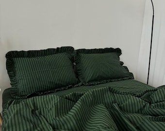 Stripe Ruffle Bedding Set: 100% Cotton Duvet Cover and Pillowcases