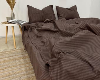 Striped Brown Cotton Bedding Set: Duvet Cover, Pillowcases, Sheet
