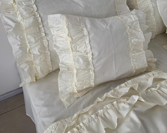 Ruffled Milk Cotton Bedding Set - Vintage Style 4pc