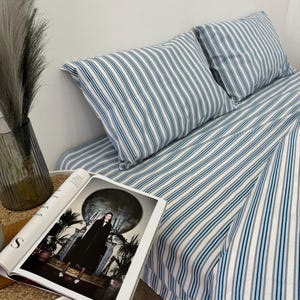 Blue & White Striped Bedding Set - Includes 2 Pillowcases, Duvet Cover, and Choice of Flat or Fitted Sheet. Custom Size