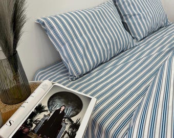 Juego de cama de algodón a rayas azules: funda nórdica y fundas de almohada