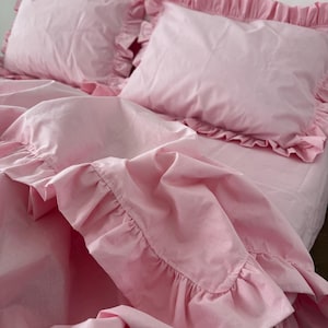 Barbie Pink Ruffled Bedding Set - Elegant Cotton Duvet Cover & Pillowcases, Flat or Fitted sheet. Full, Double, Queen, King, Custom Size
