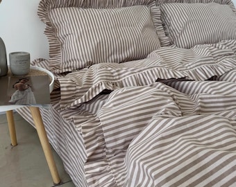Ruffled Striped 100% Cotton Bedding Set: Beige Brown Duvet Cover and Pillowcases