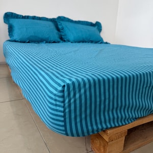 Striped Blue Fitted Sheet - Elastic Bed Sheet for Comfortable Sleep, Soft Cotton Sheet Bedding  in Various Colors