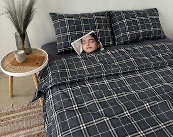 Juego de ropa de cama a cuadros 100% algodón, funda nórdica, 2 fundas de almohada, sábana bajera o encimera, tamaño personalizado.