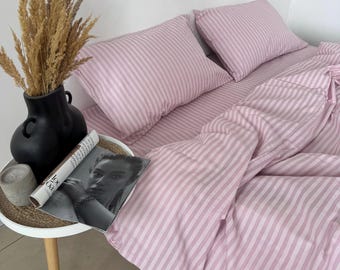 Pink Striped Cotton Bedding Set: Duvet Cover, Pillowcases, Sheet (4pcs