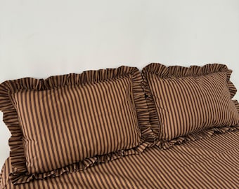 Set of 2 Striped Brown Beige Pillowcases 100% Cotton. Solid Pillowcases. Custom size