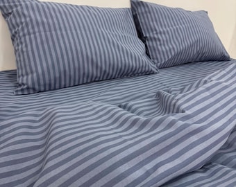 Juego de cama de rayas azules: funda nórdica, fundas de almohada, sábana encimera o ajustable. Tamaños personalizados disponibles.