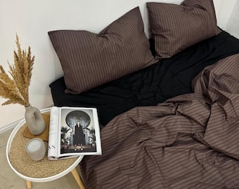 Brown Striped Bedding Set 4 pcs: Duvet Cover, 2 Pillowcases,Stripe Fitted or Flat Sheet. Full, Twin, Queen, King, Single, Double Custom Size