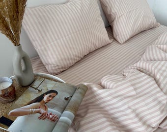 Stripe Pink Bedding Set: Duvet Cover, Pillowcases, Flat or Fitted Sheet – Custom Sizes Available
