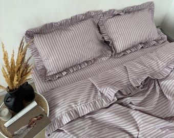 Cotton Cottagecore Bedding Set: Pink Striped Ruffle Duvet Cover, Pillowcases, Flat or Fitted Sheet