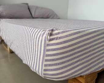 Paars gestreept katoenen hoeslaken: gewassen katoen - diverse kleuren