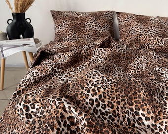 Set di biancheria da letto in 100% cotone con stampa leopardata: copripiumino, federe, lenzuolo piatto o con angoli.
