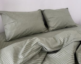 Stripe Green Bedding Set: Duvet Cover, Pillowcases, Flat or Fitted Sheet – Custom Sizes Available