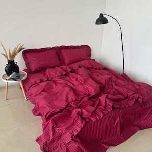 Red Stripe Ruffle Bedding Set: 100 Cotton Duvet Cover, Pillowcases ...