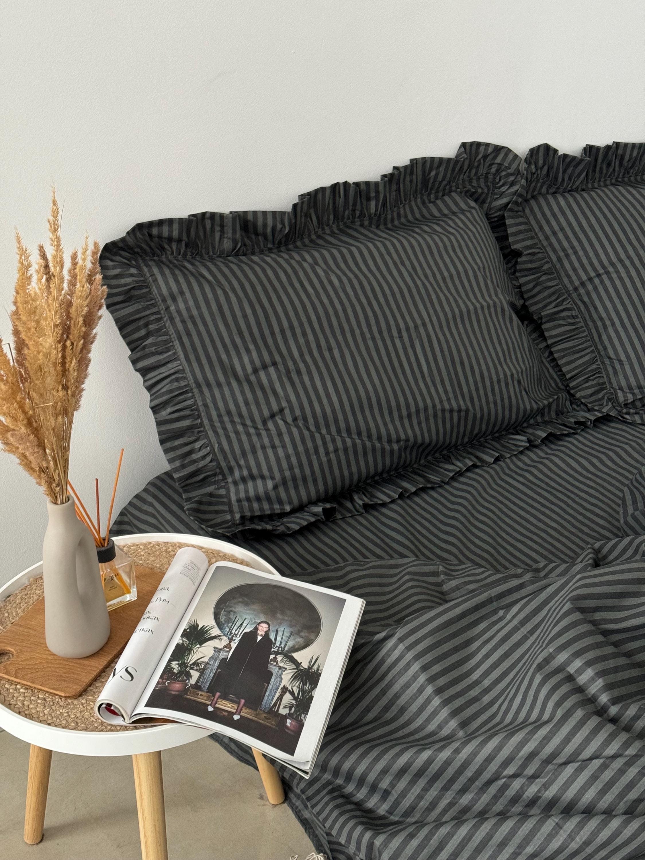 Striped Black Ruffled Bedding Set: 100 Cotton Duvet Cover Pillowcase ...