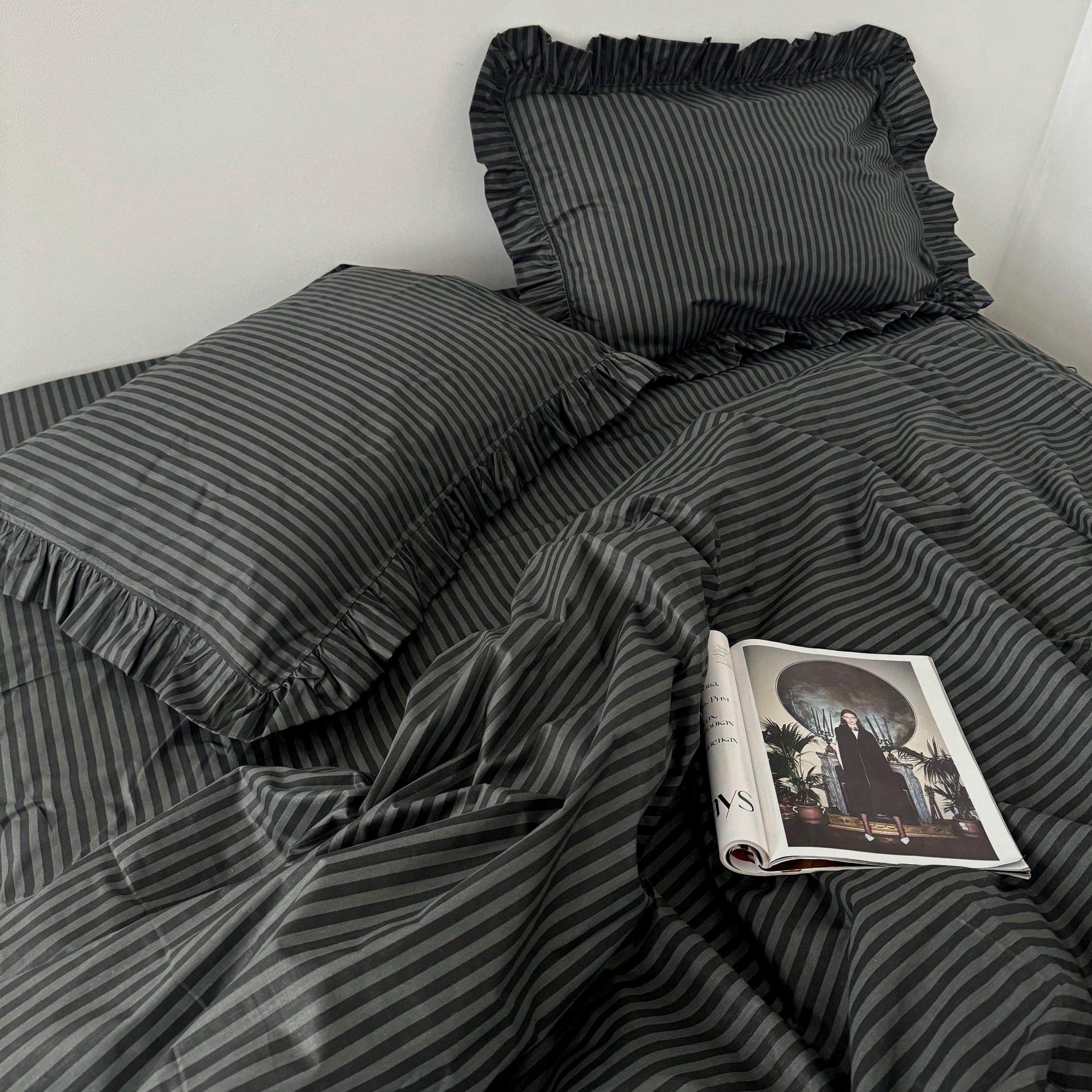 Striped Ruffle Sheets Striped Black Ruffled Bedding Set: 100 Cotton Duvet Cover Pillowcase ...