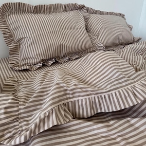 Beige Striped Cotton Duvet Cover: Soft Breathable Bedding