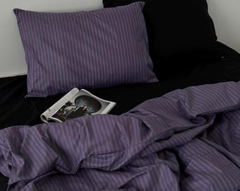 Gestreept katoenen beddengoedset: dekbedovertrek, 2 kussenslopen, hoeslaken of plat laken