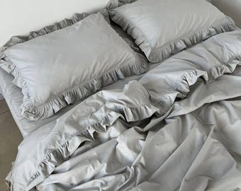 Ruffle Bedding Shabby Chic 100% Cotton. Bedding Set 4 pcs - 2 Pillow Cases, Duvet Cover, Fitted or Flat Sheet