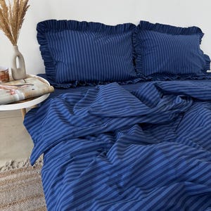 Stripe Blue Bedding Set with Ruffles – 4 Pieces (2 Pillowcases, Duvet Cover, Flat or Fitted Sheet). 100 Cotton. Custom Size