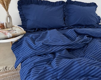 Stripe Blue Bedding Set with Ruffles – 4 Pieces (2 Pillowcases, Duvet Cover, Flat or Fitted Sheet). 100 Cotton. Custom Size