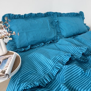 Blue Striped Ruffle Bedding Set – Duvet Cover, Sheet, Pillowcases – Cozy Elegant Bed Linen
