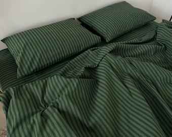 Green Striped Duvet Cover | Cotton Duvet Cover | Twin, Full, Queen, Double, King, Custom Size