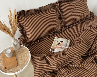 Stripe Brown&Beige Bedding Set with Ruffles – 4 Pieces (2 Pillowcases, Duvet Cover, Flat or Fitted Sheet). 100 Cotton. Custom Size