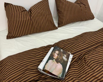 Striped Brown and Milk Bedding 100 Cotton 4 Piece Set : Duvet Cover, 2 Pillowcases, Fitted Sheet or Flat Sheet. Custom Size