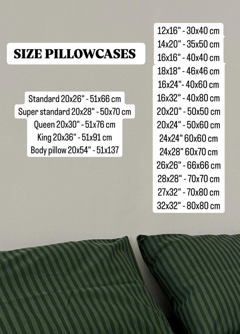 May include: Image showing a list of pillowcase sizes in inches and centimeters. Sizes include standard, queen, king, and body pillow, along with other square and rectangular dimensions. Two green striped pillows are in the bottom corners.