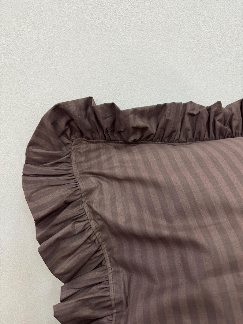 Striped Ruffled Sheets Striped Cotton Ruffled Bedding Set: Brown & Black Duvet Cover - Etsy
