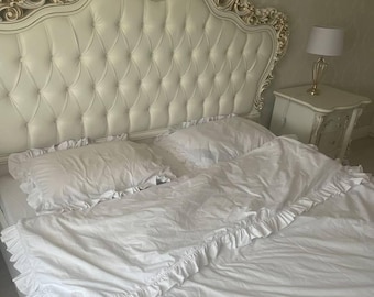 Ruffle Bedding White 100% Cotton Bedding Set 4 pcs Duvet Covers, Pillow Cases, Fitted Sheets. Custom Size