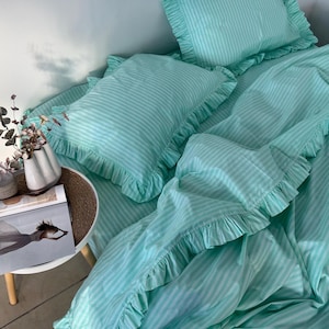 Mint Stripe Ruffle Bedding Set: 100% Cotton Duvet Cover and Pillowcases
