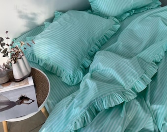 Mint Stripe Ruffle Bedding Set: 100% Cotton Duvet Cover and Pillowcases